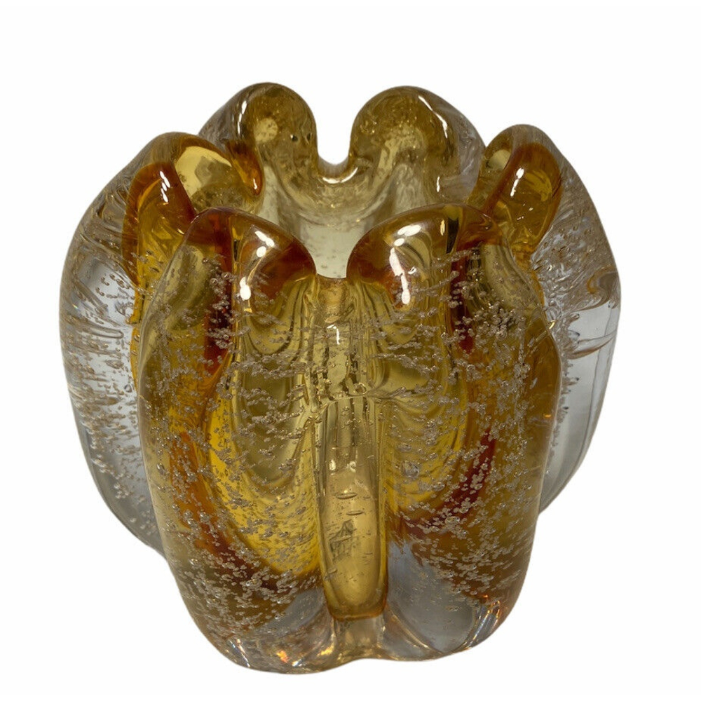 Tozai Home Vase Art Glass Amber Ruffled Handkerchief Bubble Clear